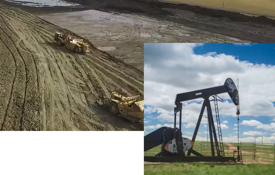 Oil well pumpjack along with two tractors in mud